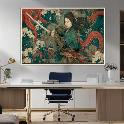 Tsukioka Yoshitoshi Samurai Wall Art Print, Japanese Katana Warrior Canvas Wall Art, Octopus Sea Monster Canvas Print,