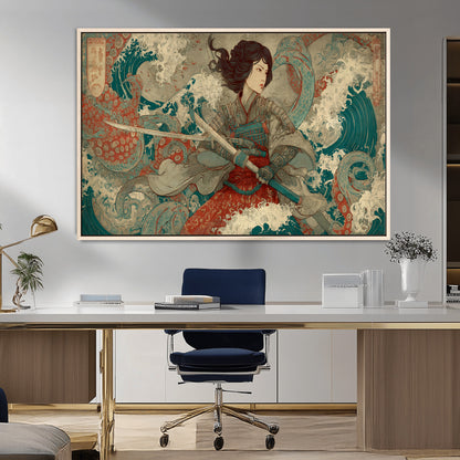 Tsukioka Yoshitoshi Samurai Wall Art Print, Japanese Katana Warrior Canvas Wall Art, Octopus Sea Monster Canvas Print,