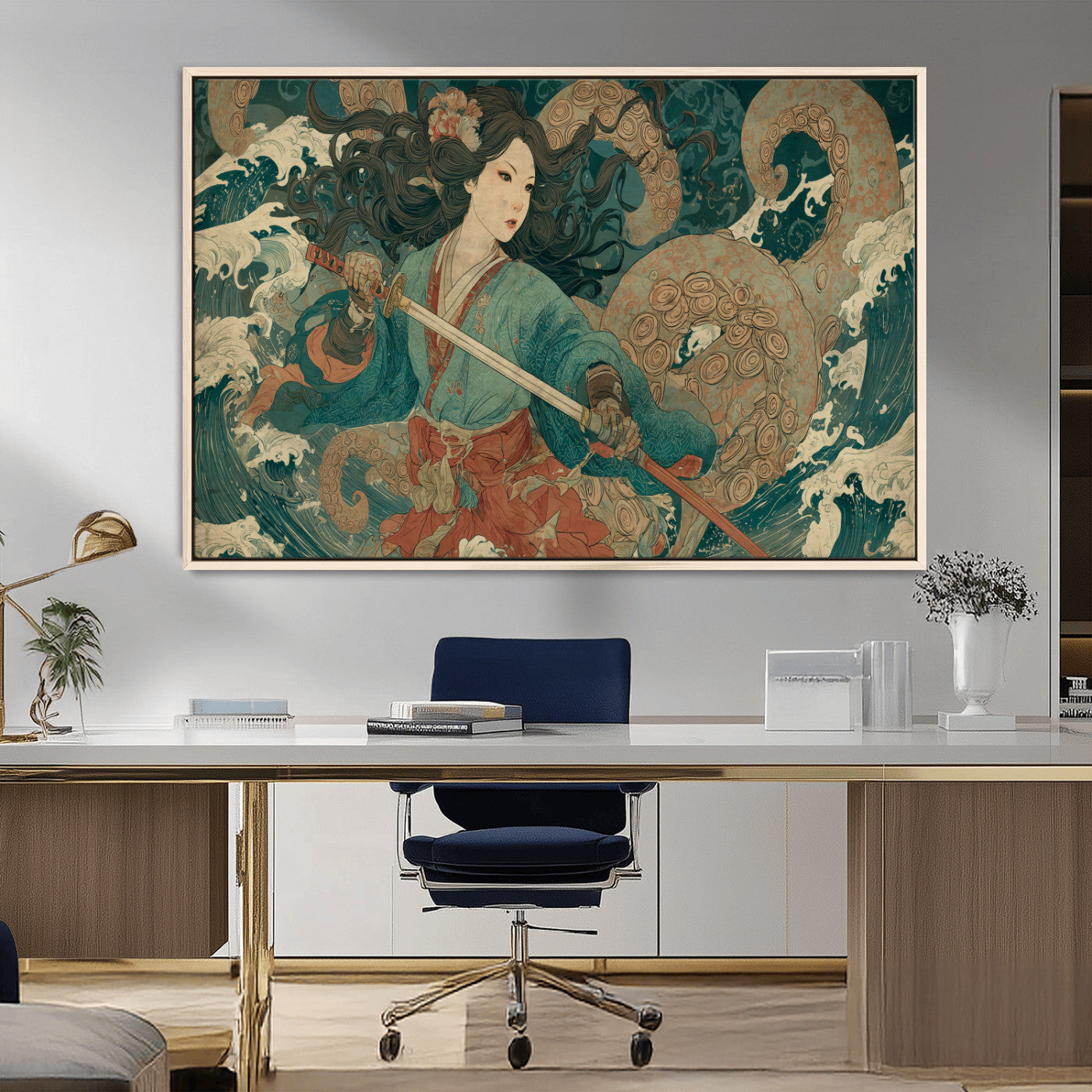 Tsukioka Yoshitoshi Samurai Wall Art Print, Japanese Katana Warrior Canvas Wall Art, Octopus Sea Monster Canvas Print,