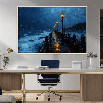 "Impressionistic painting of a rainy pier at night with glowing street lamps reflecting on the wet surface, ocean waves crashing under a dark blue sky."