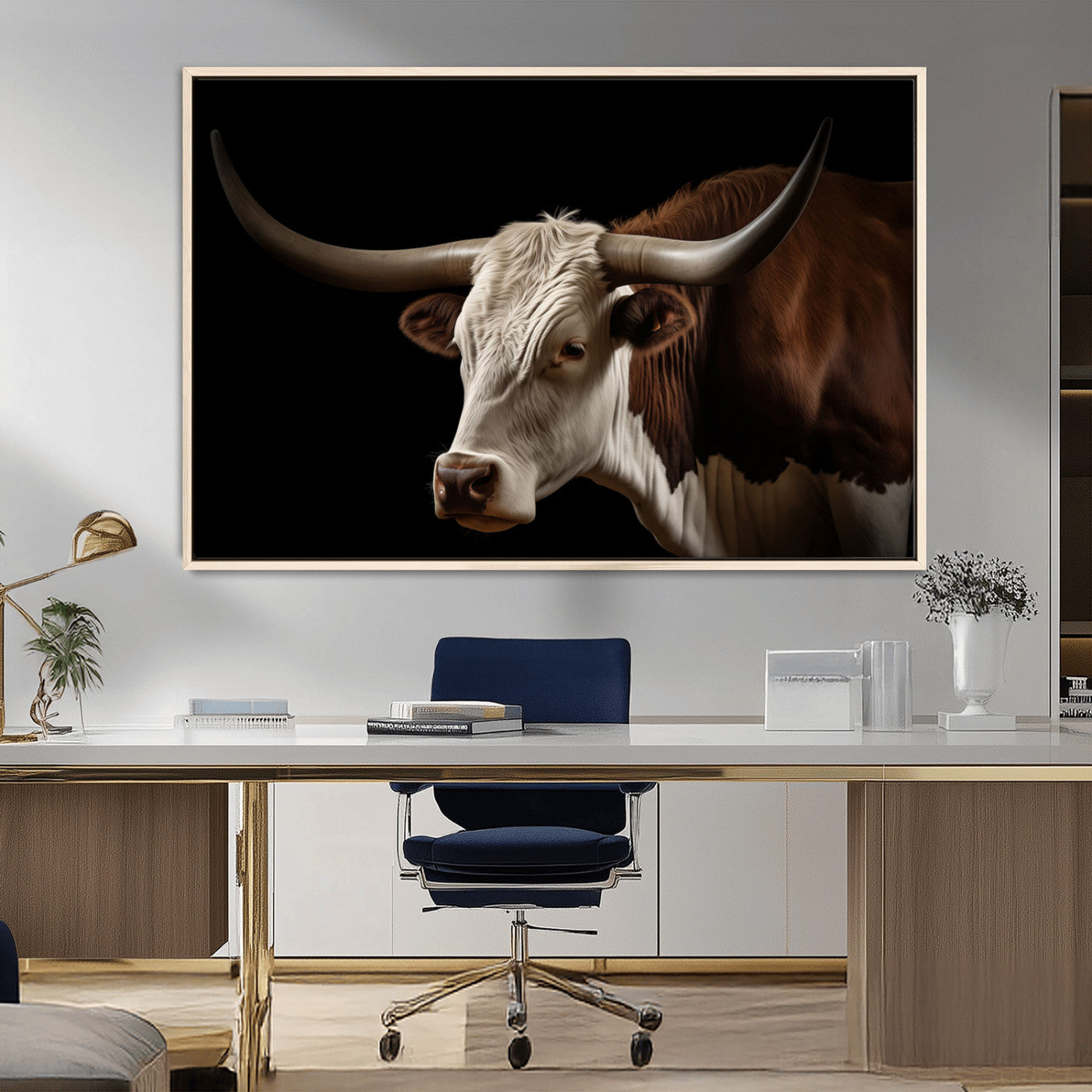 "Close-up of a brown and white longhorn cow with prominent curved horns against a black background."