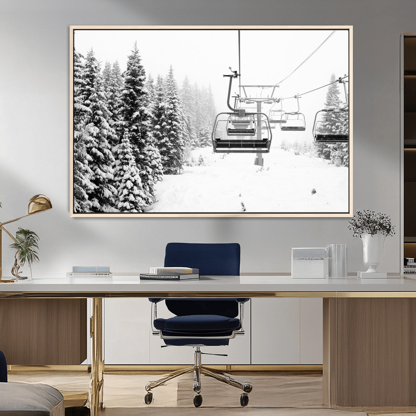Black and white canvas of empty ski lifts over a snowy pine forest, perfect for minimal winter or ski lodge-inspired decor.