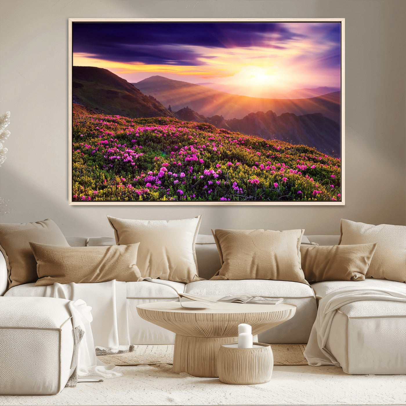 -Mountain Sunrise Wall Art – Vibrant Floral Landscape Canvas Print, Nature Home Decor for Living Room, Bedroom Office or Cabin