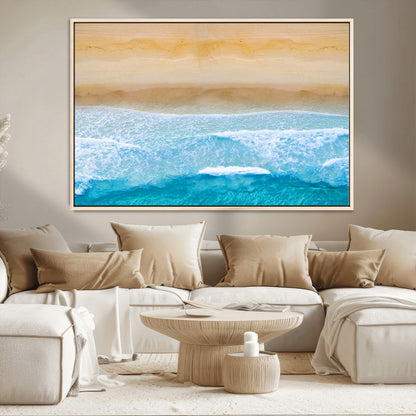 -Aerial Beach Wall Art – Serene Ocean Waves & Sandy Shore Canvas Print, Coastal Home Decor for Living Room, Bedroom or Office