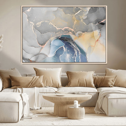 -Abstract Fluid Art Wall Decor – Blue, Gray & Gold Canvas Print, Modern Home and Office Wall Art Decor for Living Room, Bedroom or Workspace