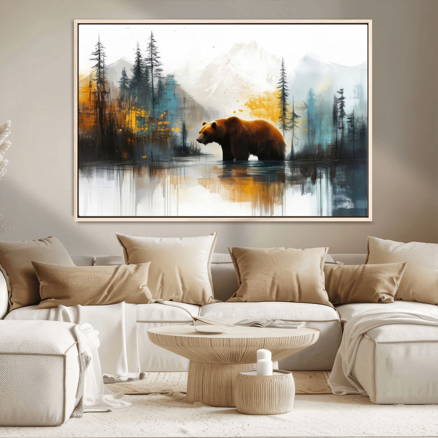 A majestic bear stands by the serene waters of a misty forest, surrounded by towering trees and distant mountains, evoking the raw beauty and wild spirit of nature.