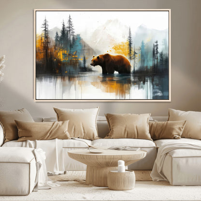 A majestic bear stands by the serene waters of a misty forest, surrounded by towering trees and distant mountains, evoking the raw beauty and wild spirit of nature.