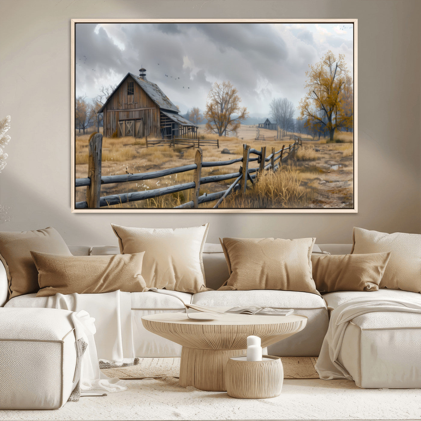 A tranquil rural scene featuring a rustic barn, overcast skies, and golden fields with scattered trees, evoking a sense of peaceful solitude in nature.