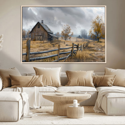 A tranquil rural scene featuring a rustic barn, overcast skies, and golden fields with scattered trees, evoking a sense of peaceful solitude in nature.
