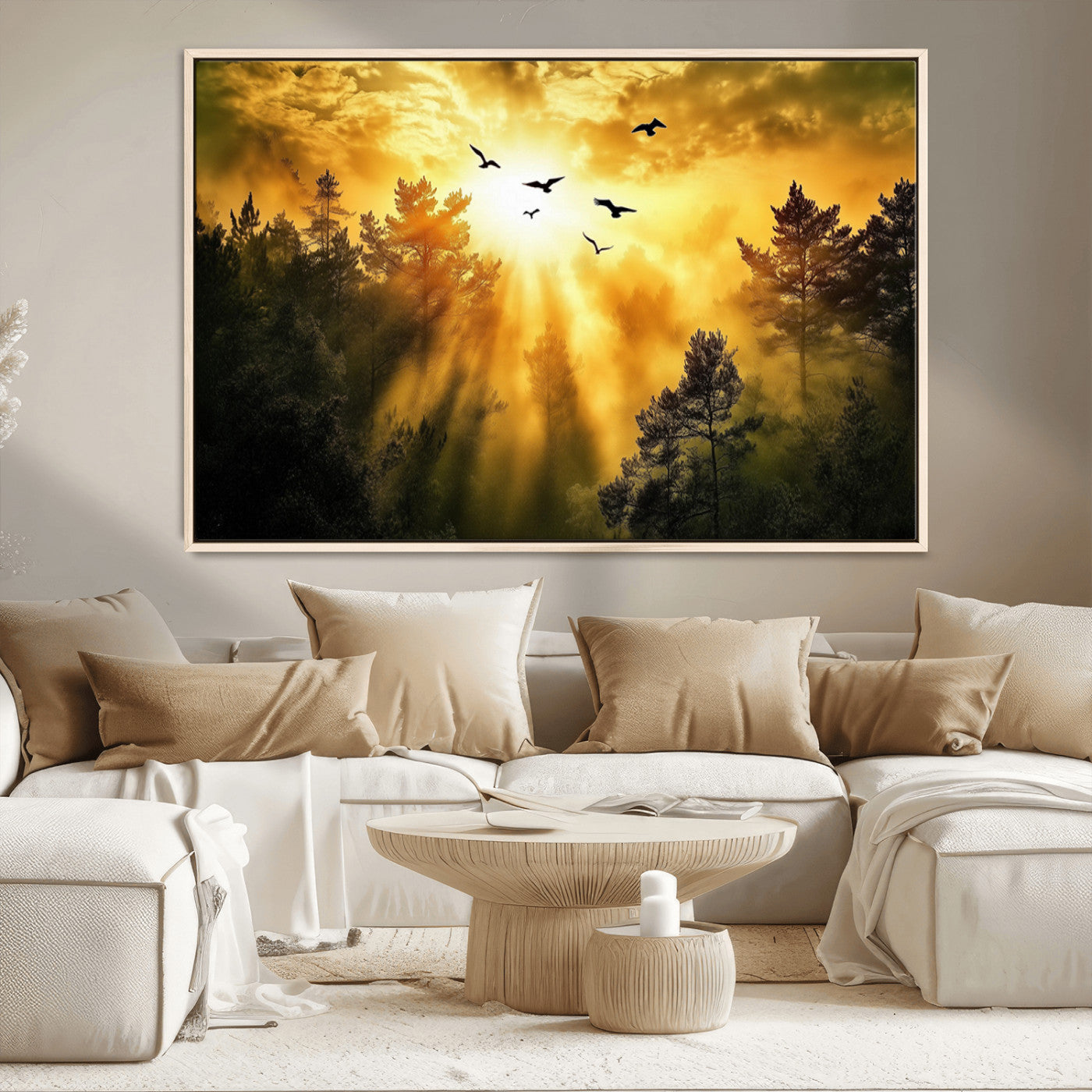 Canvas of a golden forest at sunset with birds flying through glowing sunbeams and silhouetted pine trees, ideal for warm-toned rustic decor.