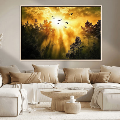 Canvas of a golden forest at sunset with birds flying through glowing sunbeams and silhouetted pine trees, ideal for warm-toned rustic decor.