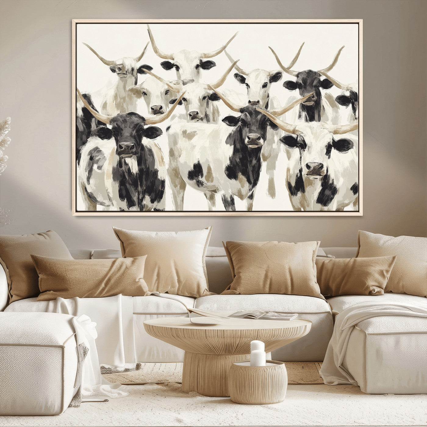 Canvas of a Texas Longhorn cattle herd in neutral black and white tones, ideal for rustic farmhouse or western-themed decor.