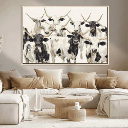 Canvas of a Texas Longhorn cattle herd in neutral black and white tones, ideal for rustic farmhouse or western-themed decor.