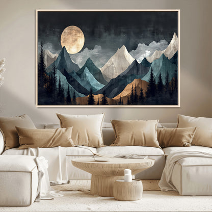 Stylized canvas of layered mountains under a full moon in neutral moody tones, ideal for nature-inspired or modern rustic interiors.