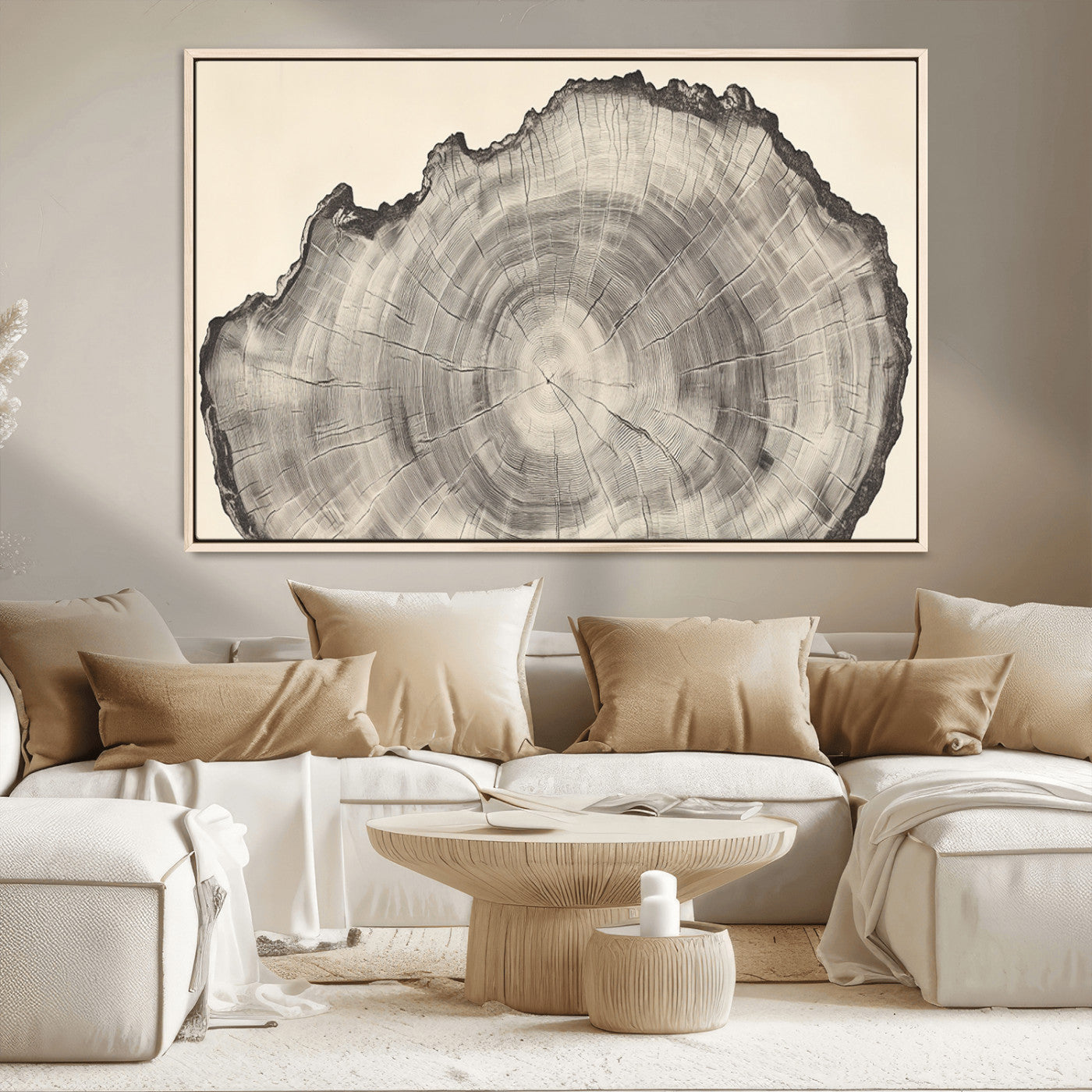 Detailed tree ring drawing in monochrome tones, ideal for rustic or nature-inspired interiors with a minimal decor aesthetic.