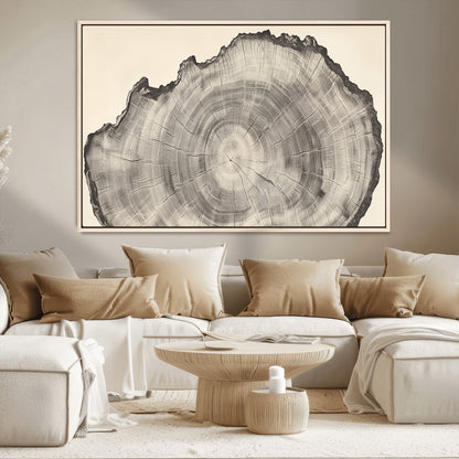 Detailed tree ring drawing in monochrome tones, ideal for rustic or nature-inspired interiors with a minimal decor aesthetic.