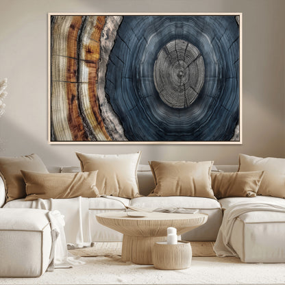 A stunning close-up of a tree trunk showing the intricate, circular growth rings, showcasing the natural textures and rich contrasts in deep blues, browns, and silvers.