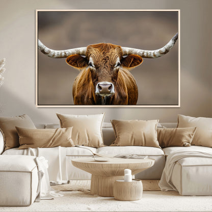 Close-up of a Texas Longhorn with strong curved horns and warm brown tones, perfect for rustic or western-style wall decor.