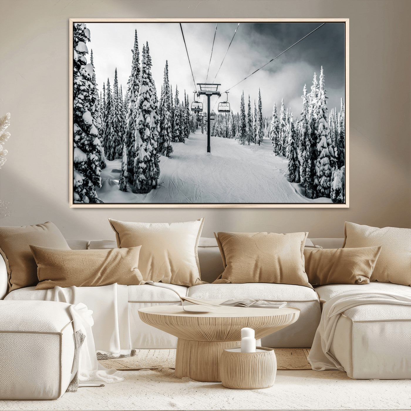 Canvas of a snowy ski lift scene through a forest of tall pine trees, ideal for moody winter or alpine-themed home decor.