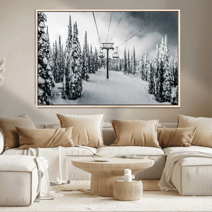 Canvas of a snowy ski lift scene through a forest of tall pine trees, ideal for moody winter or alpine-themed home decor.