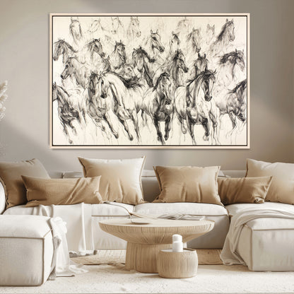 Monochrome ink sketch of galloping horses in dynamic motion, perfect for western or equine-themed wall decor with bold artistic energy.