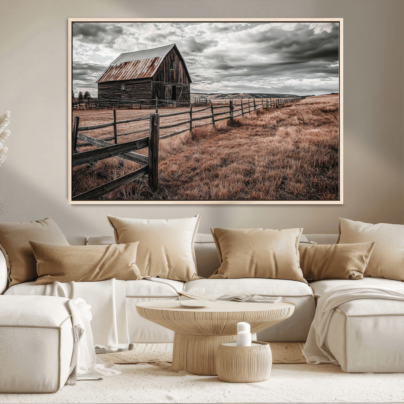 Framed canvas of a rustic barn under a moody sky with weathered fence and dark fields, ideal for farmhouse or rural-style wall decor.