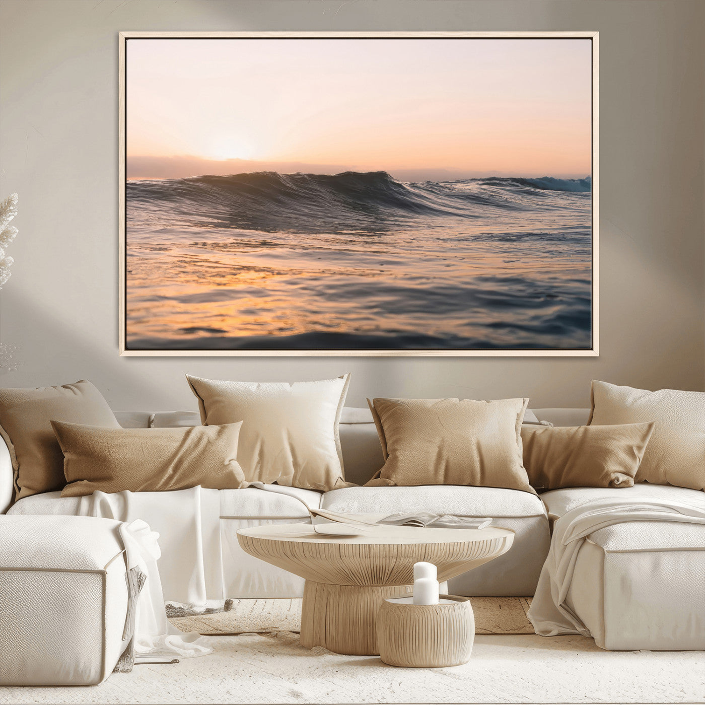 Framed canvas of ocean waves glowing in sunset light, ideal for golden hour calm or peaceful coastal-inspired wall decor.