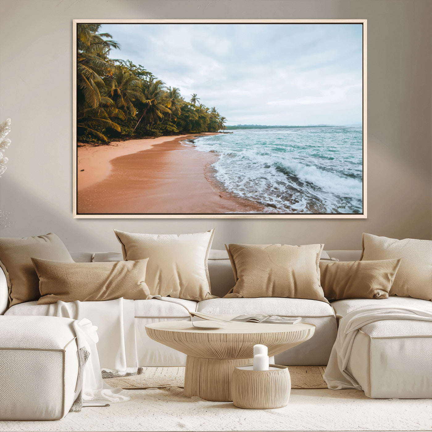 Framed canvas of a tropical beach with palm trees and soft waves, ideal for coastal escape or serene nature-inspired home decor.