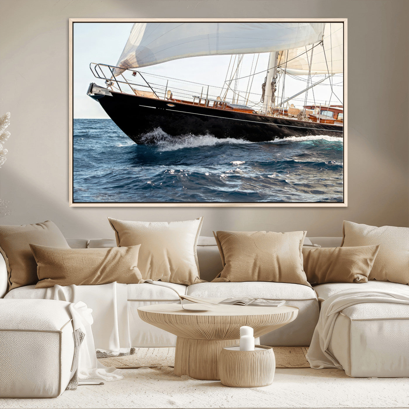 Close-up of a classic sailing yacht with wooden deck and full sails, perfect for nautical or coastal-style decor in ocean-themed spaces.