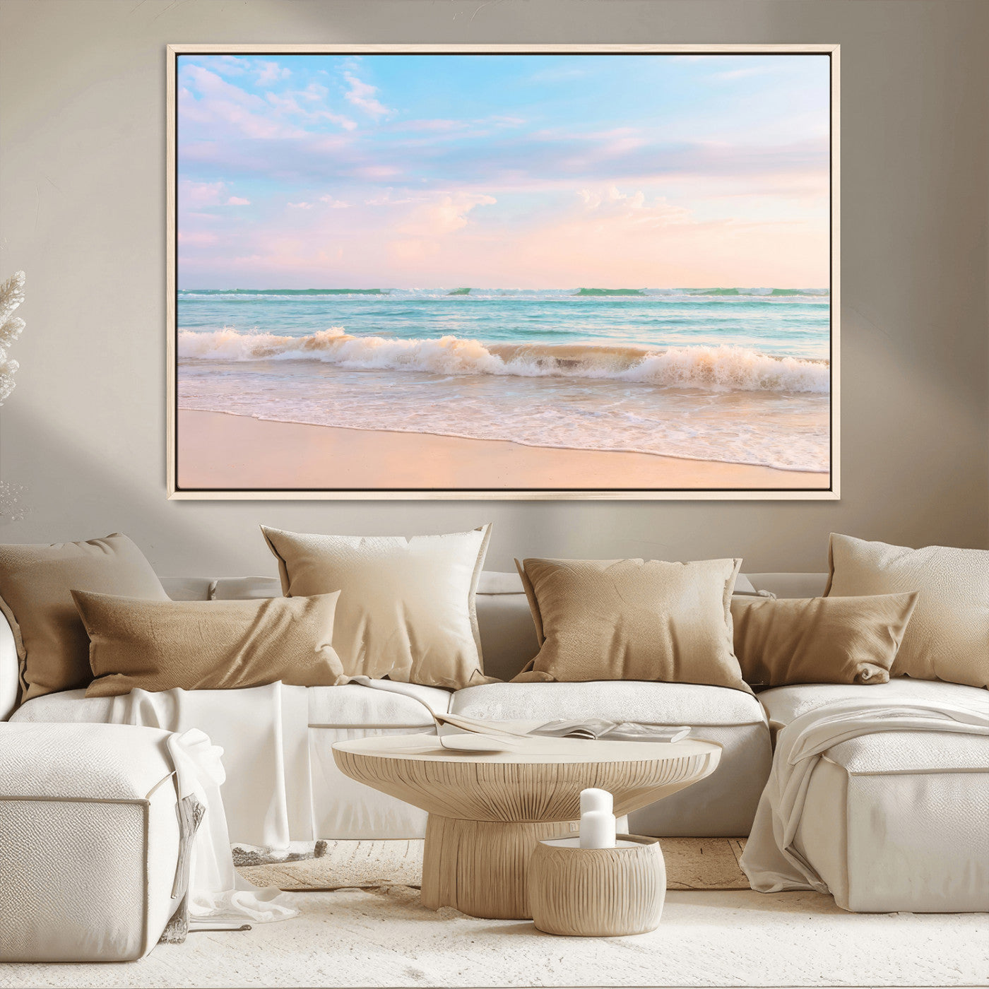 Pastel-toned ocean waves under soft sunset skies, ideal for pastel coastal or serene beach-style home decor.