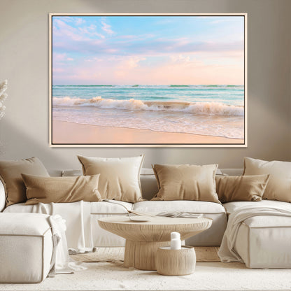 Pastel-toned ocean waves under soft sunset skies, ideal for pastel coastal or serene beach-style home decor.