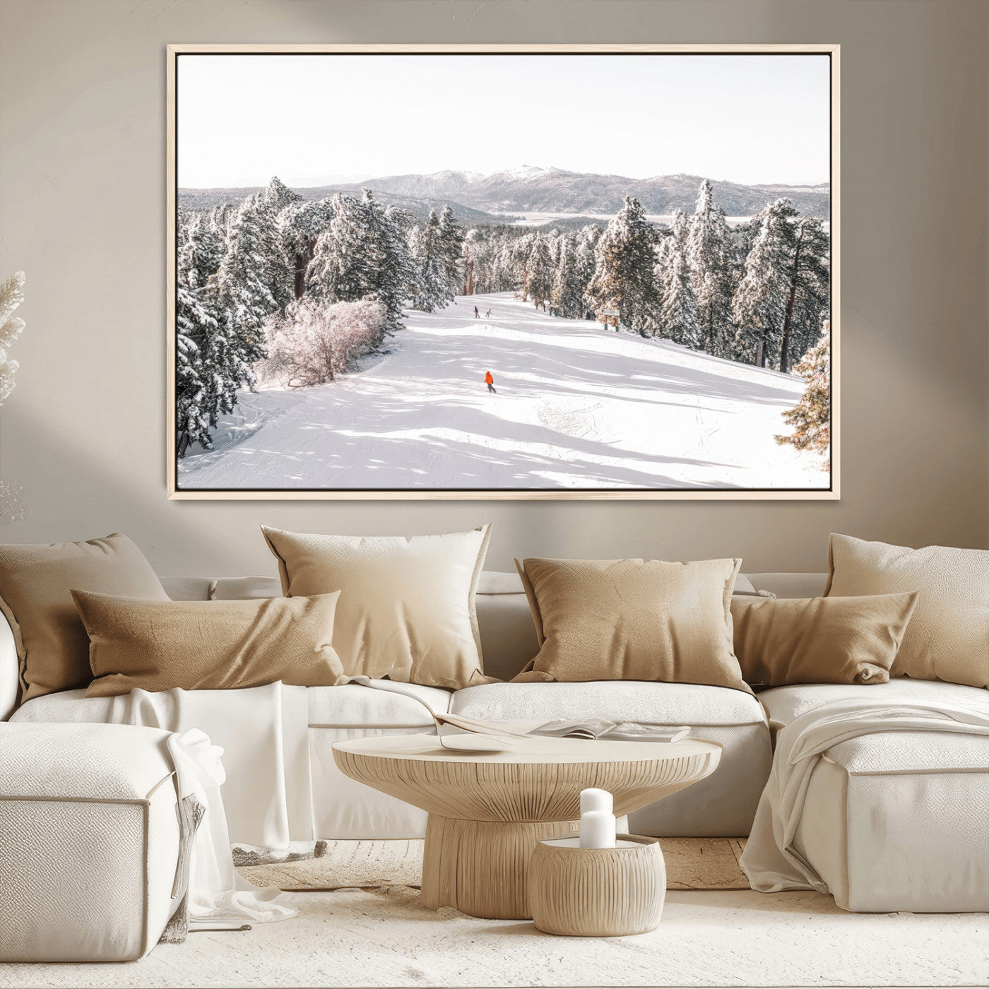 Bright ski trail lined with snow-covered pines and a skier in orange, perfect for alpine adventure or winter sports-inspired decor.
