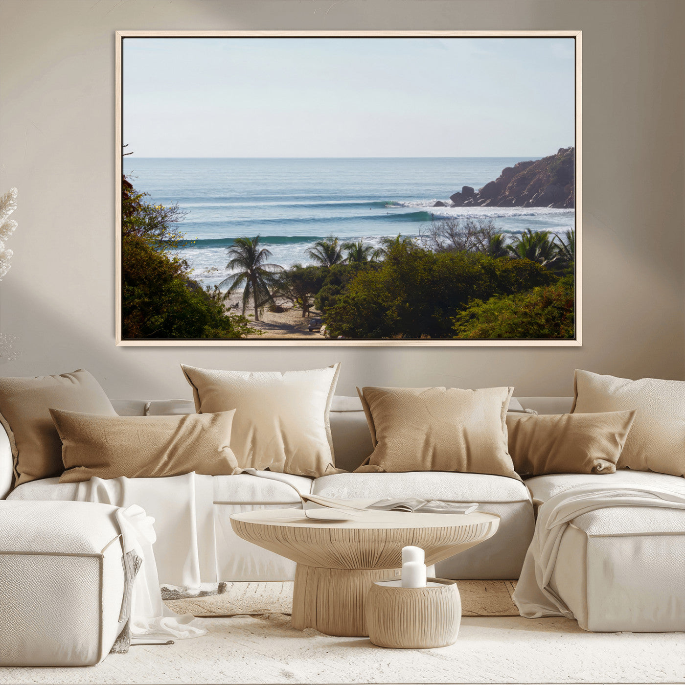 View of calm ocean waves with palm trees and a tropical coastline, ideal for coastal boho or beach-themed wall decor.