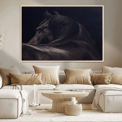Close-up of a black horse with dramatic lighting on a dark background, perfect for rustic or masculine home decor.