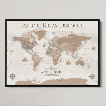 95738134-MGV-CV-36X24-Custom Push Pin World Map Wall Canvas Print – Personalized Travel Tracker with Pins – Framed Large Multi-Size Canvas for Home Office Decor