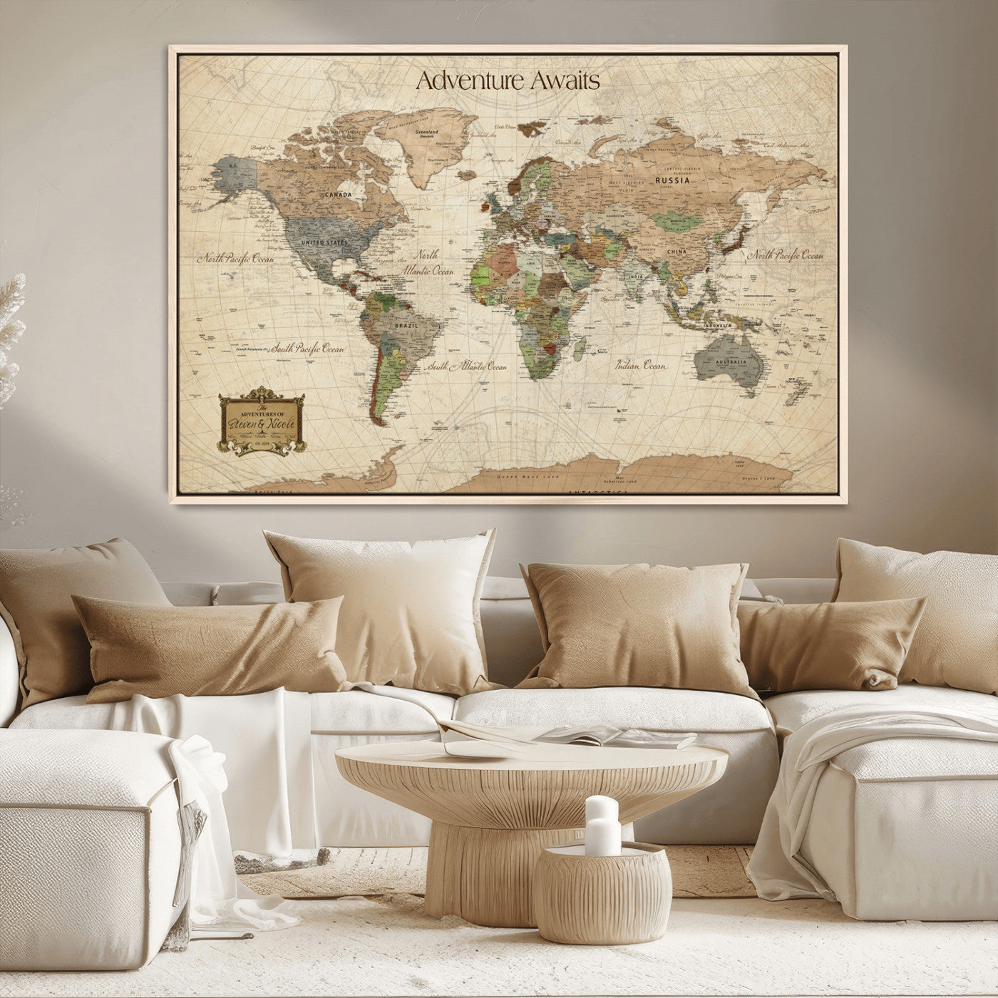 Custom Push Pin World Map Wall Canvas Print – Personalized Travel Tracker with Pins – Framed Custom Quotie Canvas for Home Office Decor