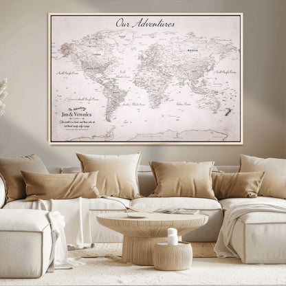 Customize Push Pin World Map Wall Canvas Print – Personalized Travel Map with Foam Pins – Framed Custom Quotie Canvas for Home Office Decor