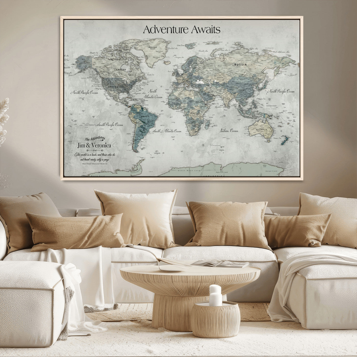 Customize Push Pin World Map Wall Canvas Print – Personalized Travel Tracker with Pins – Framed Custom Quotie Canvas for Home Office Decor