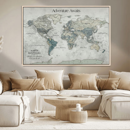 Customize Push Pin World Map Wall Canvas Print – Personalized Travel Tracker with Pins – Framed Custom Quotie Canvas for Home Office Decor