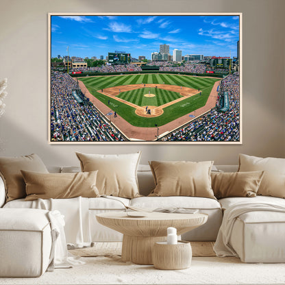 A wide-angle shot of a baseball field filled with spectators, with players on the field and the iconic Wrigley Field scoreboard in the background.