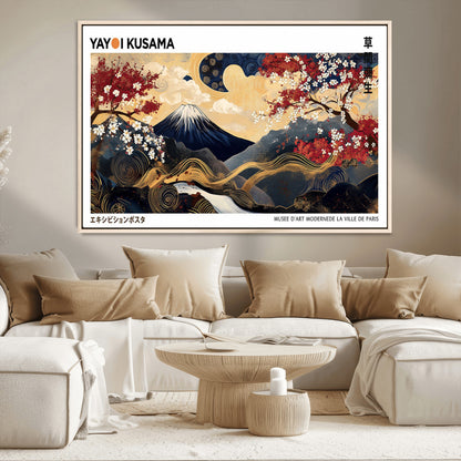 An artwork by Yayoi Kusama featuring Mount Fuji, blooming cherry blossoms, and swirling patterns in a harmonious blend of nature and art.