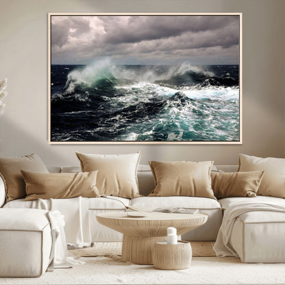 Powerful ocean waves crashing under stormy skies, creating a dynamic and intense seascape.