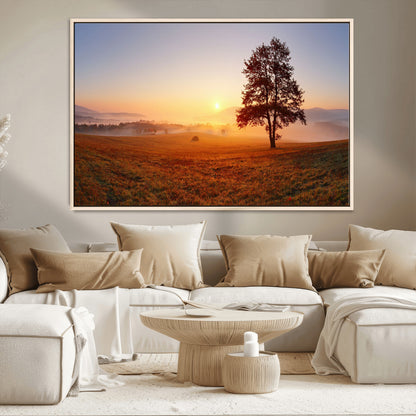 A tranquil landscape at sunrise with a mist-covered field and a lone tree, creating a peaceful and natural atmosphere.
