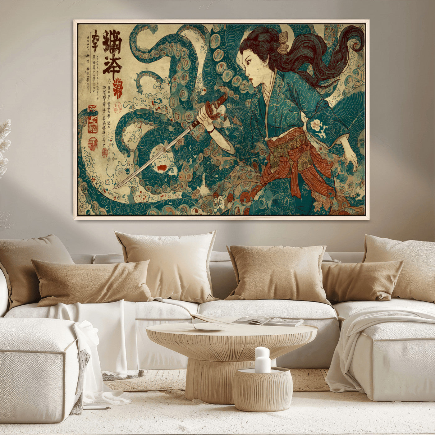 Tsukioka Yoshitoshi Samurai Wall Art Print, Japanese Katana Warrior Canvas Wall Art, Octopus Sea Monster Canvas Print,