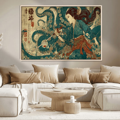 Tsukioka Yoshitoshi Samurai Wall Art Print, Japanese Katana Warrior Canvas Wall Art, Octopus Sea Monster Canvas Print,