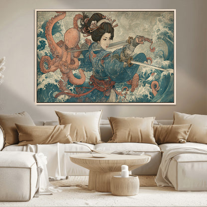 Tsukioka Yoshitoshi Samurai Wall Art Print, Japanese Katana Warrior Canvas Wall Art, Octopus Sea Monster Canvas Print,