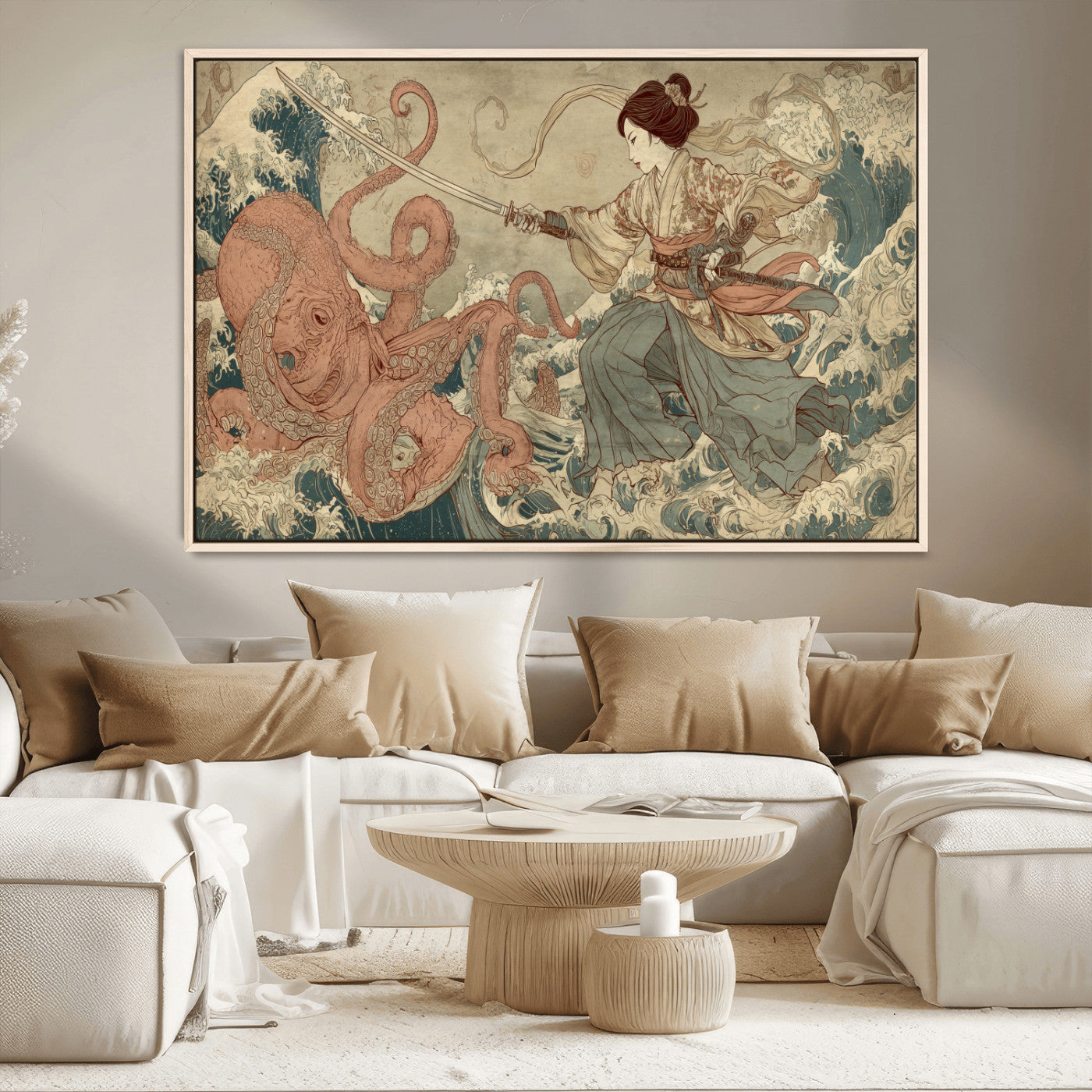 Tsukioka Yoshitoshi Samurai Wall Art Print, Japanese Katana Warrior Canvas Wall Art, Octopus Sea Monster Canvas Print,
