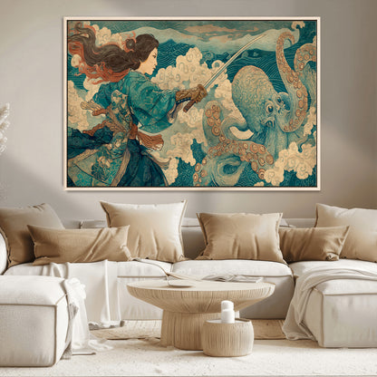 Tsukioka Yoshitoshi Samurai Wall Art Print, Japanese Katana Warrior Canvas Wall Art, Octopus Sea Monster Canvas Print,