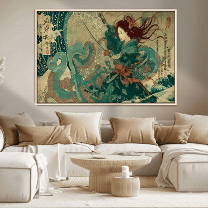 Tsukioka Yoshitoshi Samurai Wall Art Print, Japanese Katana Warrior Canvas Wall Art, Octopus Sea Monster Canvas Print,