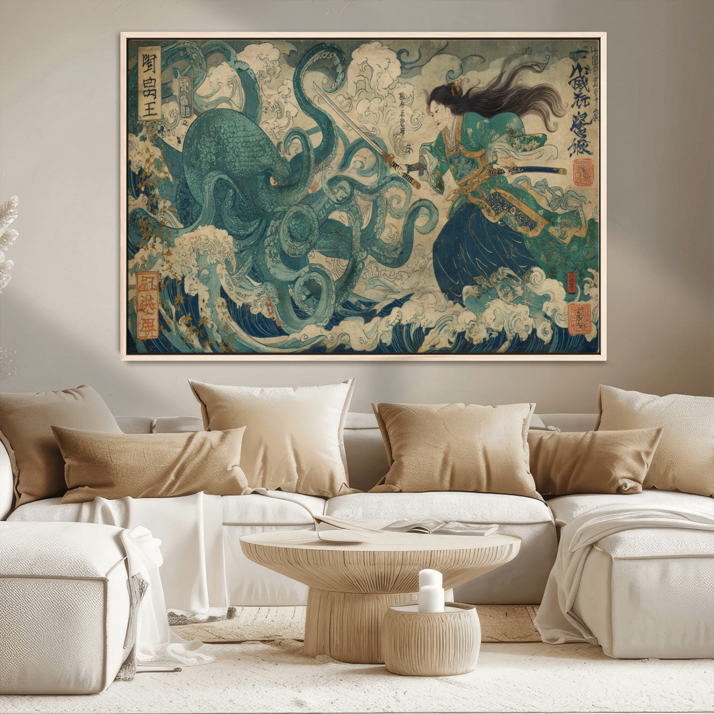 Tsukioka Yoshitoshi Samurai Wall Art Print, Japanese Katana Warrior Canvas Wall Art, Octopus Sea Monster Canvas Print,